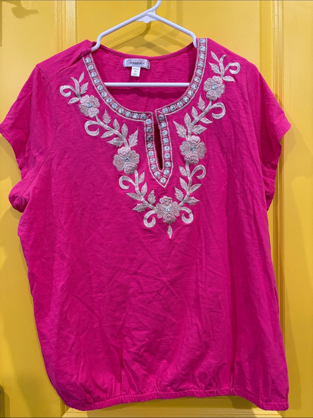 dressbarn Hot Pink Embroidered Short Sleeve Tunic